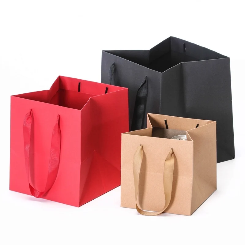 Custom Logo Cake Bakery Bread Flower Square Bottom Paper Gift Bags With Ribbon Handles