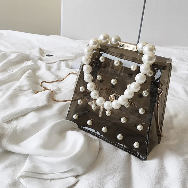 
Fashion Women Shoulder Bags Summer PVC Clear Handbags Transparent Evening Clutch Crossbody Jelly Bag Pearls Handle Beach Totes 