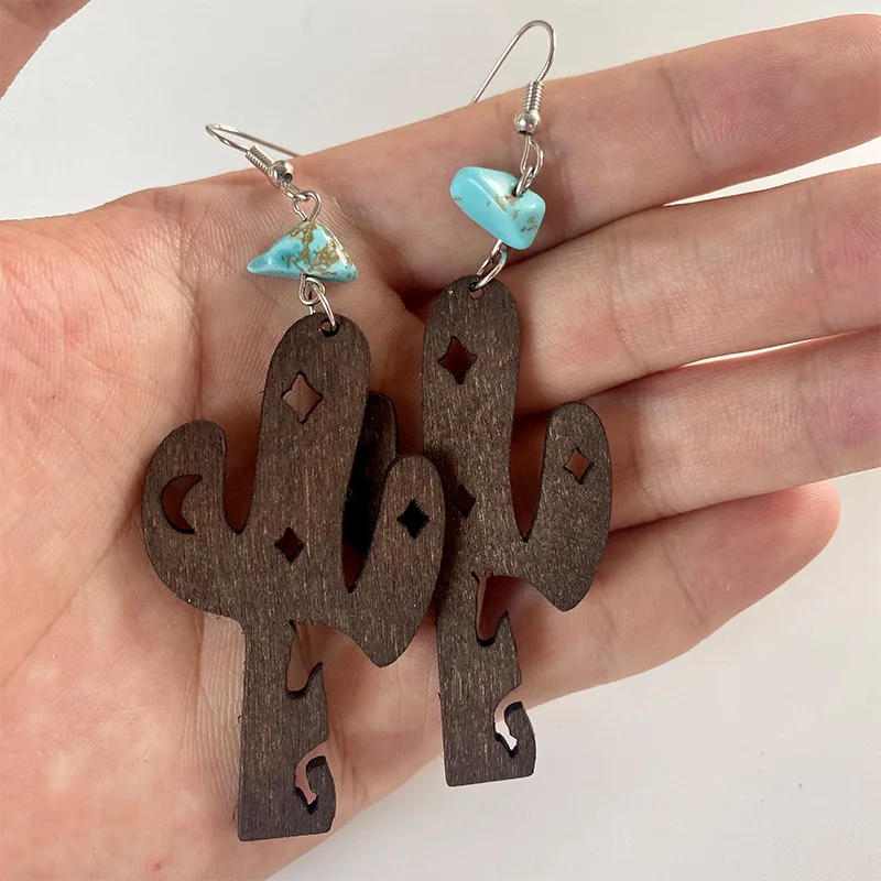 Western Cowboy turquoise Wooden Cactus Earrings Hollow Cow Horse Star Retro European American Style Earrings Jewelry Wholesale