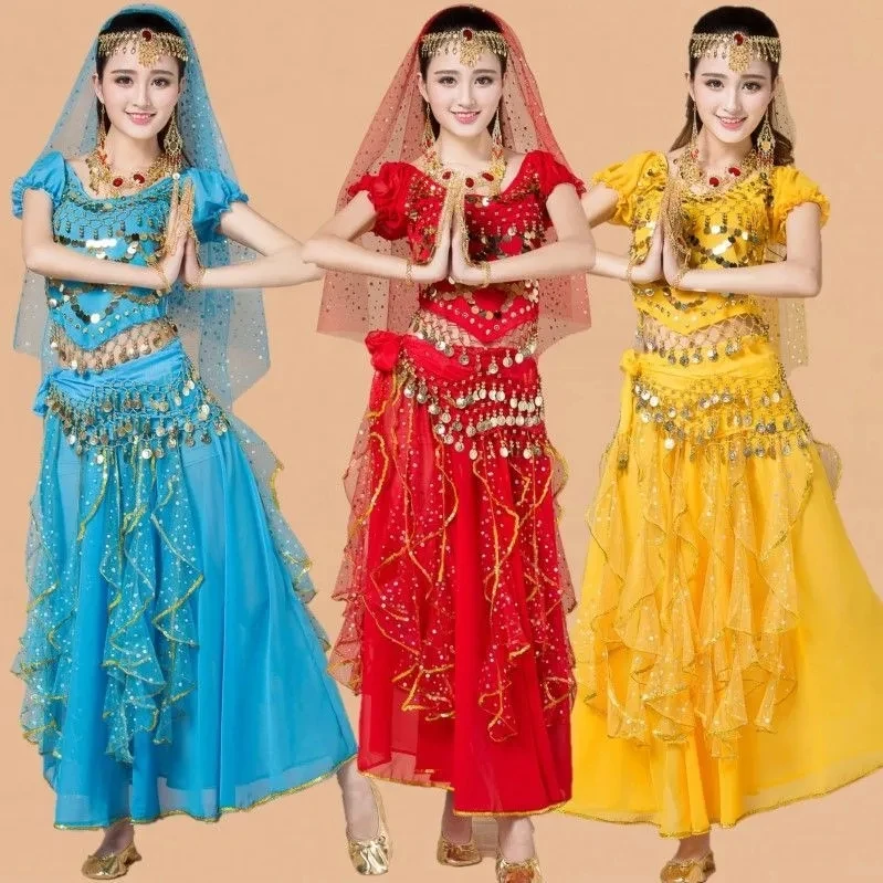 Xinjiang Indian dance costumes short-sleeved  New belly dance ethnic style colorful dot skirt suit for women