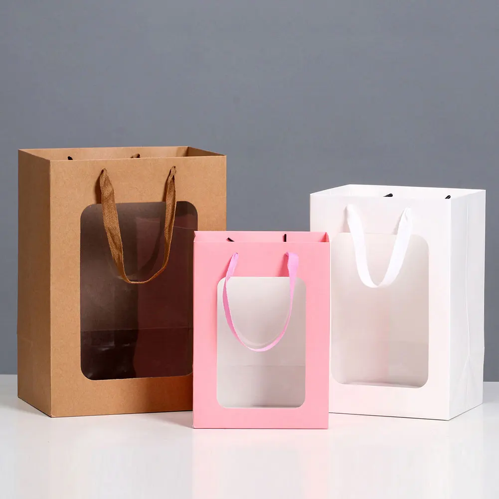 Wholesale Floral Gift Box, Open Transparent Window Fashion Gift Doll Flower Paper Bag With Pvc Mini Cake Clear Window/