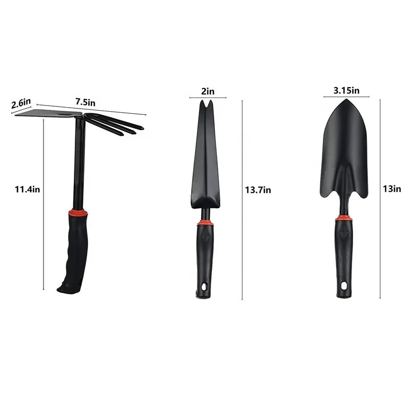3 Piece Metal Heavy Duty Gardening Tool Set Including Hand Trowel Weeder and Hand Rake with Soft Rubberized Non-Slip Ergonomic