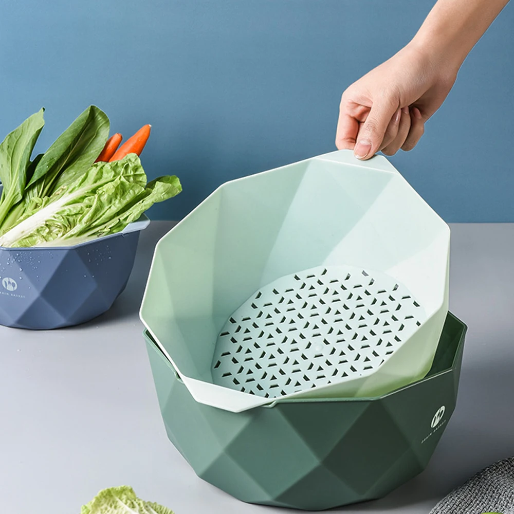 Plastic washing basket double rice washing vegetable draining basket Storage basket household fruit bowl kitchen filter basin