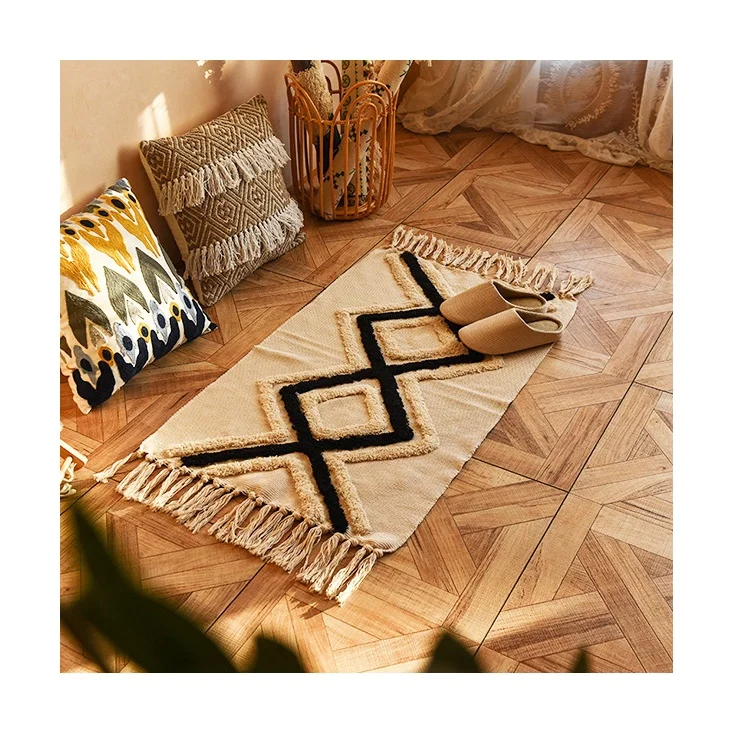 Indian Woven Tufted Cotton Retro Morocco Bohemian Carpets And Rugs With Tassel For Indoor Living Room Bedside