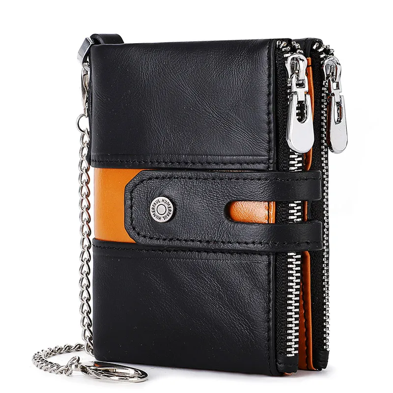 Cow Leather Color Contrast Card Wallets Purse Mini Leather Vintage Male Bag With Zip Key Chain Short Wallet Man