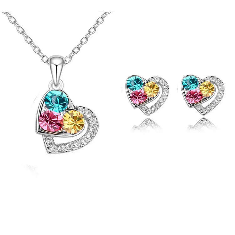 New Arrival Heart Crystal Necklace Bling Diamond Crystal Stud Earrings Necklace Sets for Women Jewelry