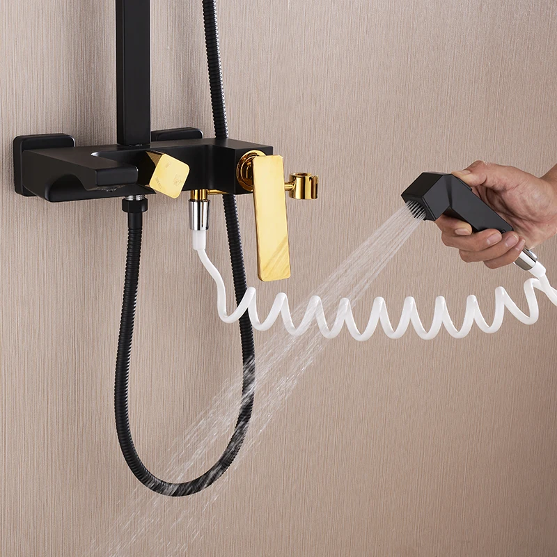 Black Gold Shower System Cold And Hot Water Mixer 4 Functions Contemporary Shower Faucets Bathroom Shower Set