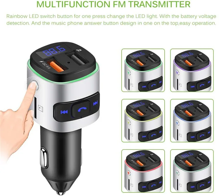 Wireless -Compatible USB Car Charger Fm Transmitter Hands-Free Calling Dual USB Port  QC3.0 Fast Charging