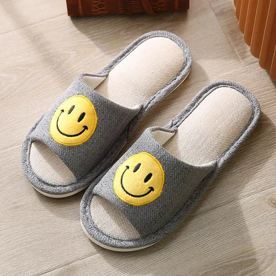 
Wholesale unisex linen happy face slippers breathable comfortable for spring 