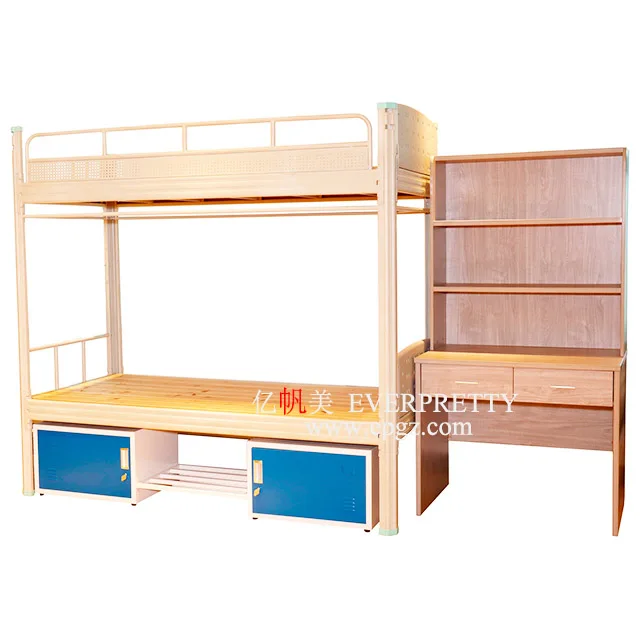 School Dormitory Furniture Metal Duty Double Frame Bunk Bed with Wooden Cabinet and Study Table