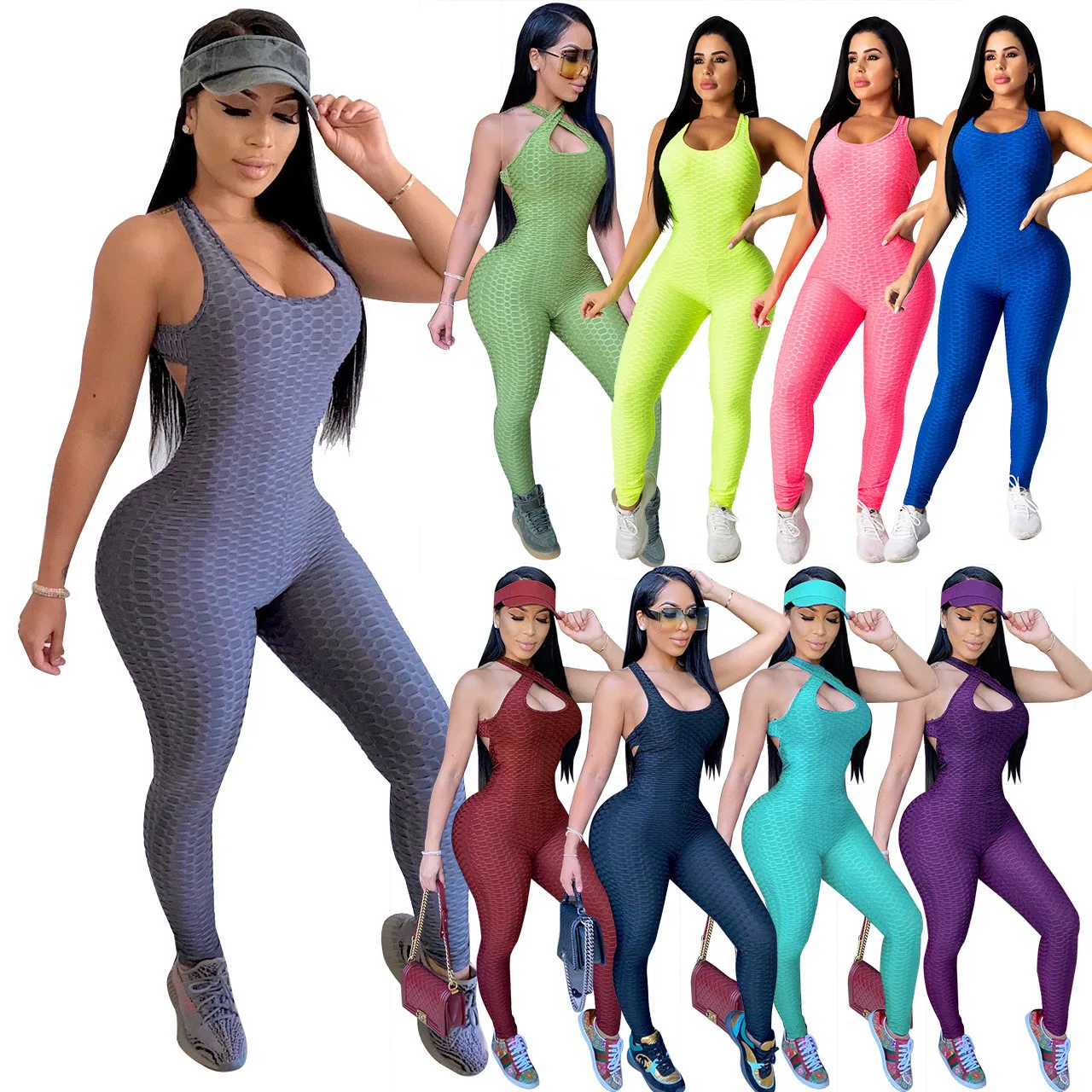 
Womens Butt Lifting Yoga Jumpsuit Backless Sport Bandage Romper Playsuit Sleeveless Textured One Piece Gym Bodysuit 