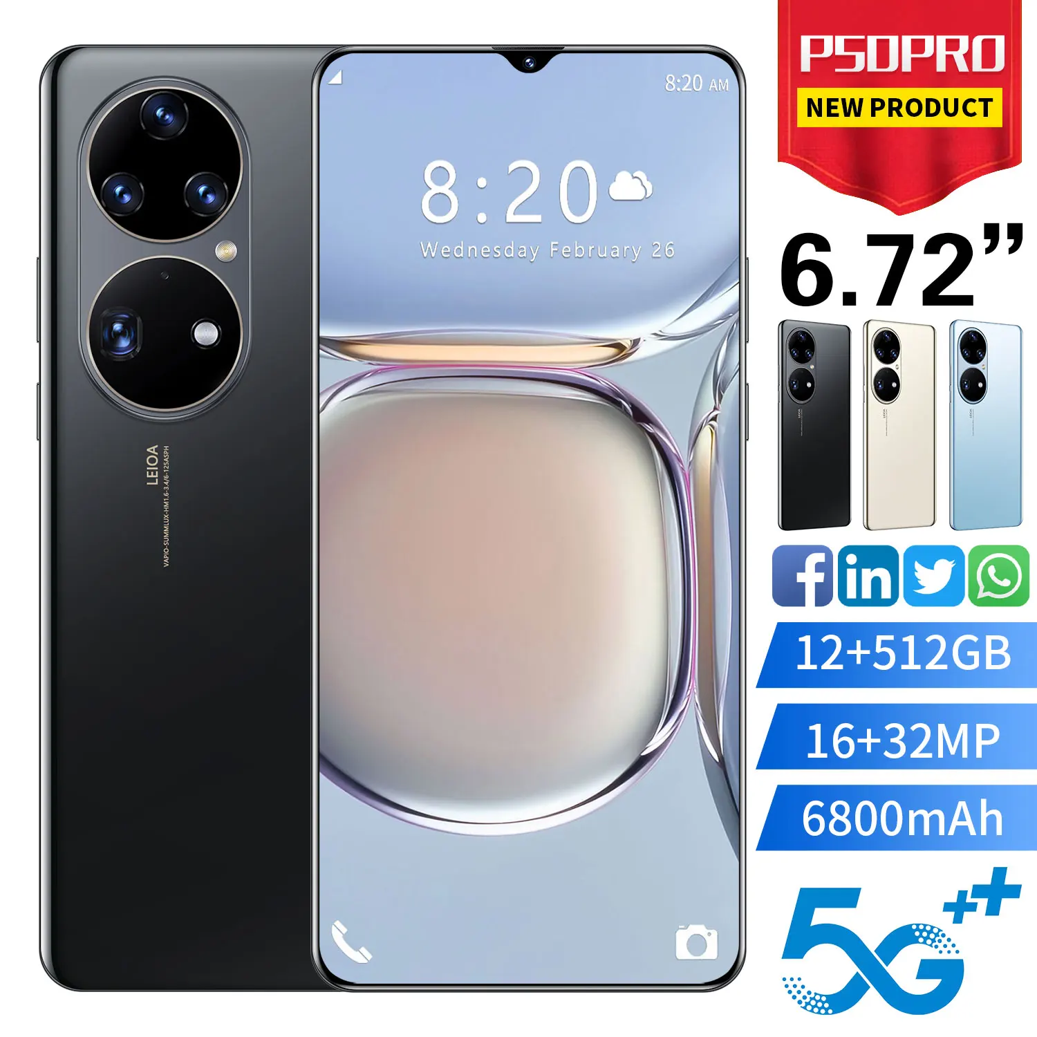 Hot Selling P50 PRO Unlocked 16+32MP 10 Core Dual SIM 12GB+512GB Cheap Smart Phone 6.72 inch Android 8.0 Mobile SmartPhones