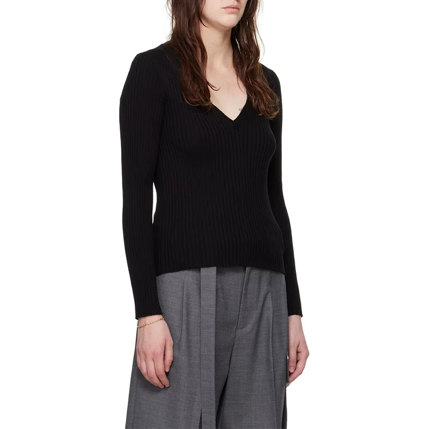 Knitwear Manufacturer Custom Spring Autumn black V Neck Long Sleeve Ribbed Knit Women Pullover Sweater