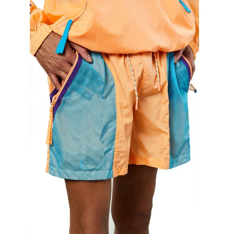 Mens nylon workout shorts wholesale drawstring mesh panel zipper pocket sports shorts