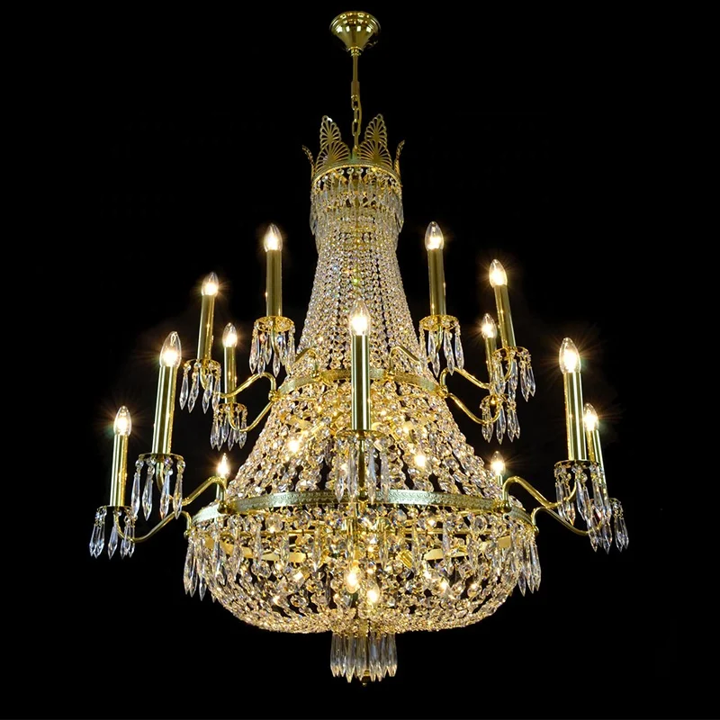 Customized Modern LED Lustre K9 Big Foyer Large Hotel Empire Golden Crystal Chandelier