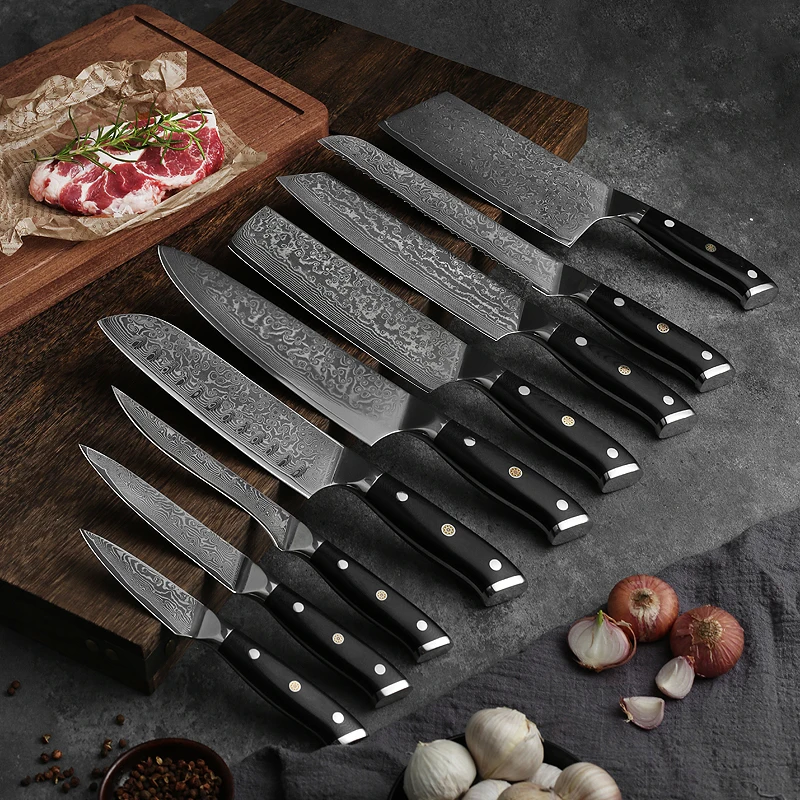 JJ 8' Damascus Bread Knife VG-10 Core Steel with G10 Handle Custom Serrated Kitchen Knife Triple Blossom