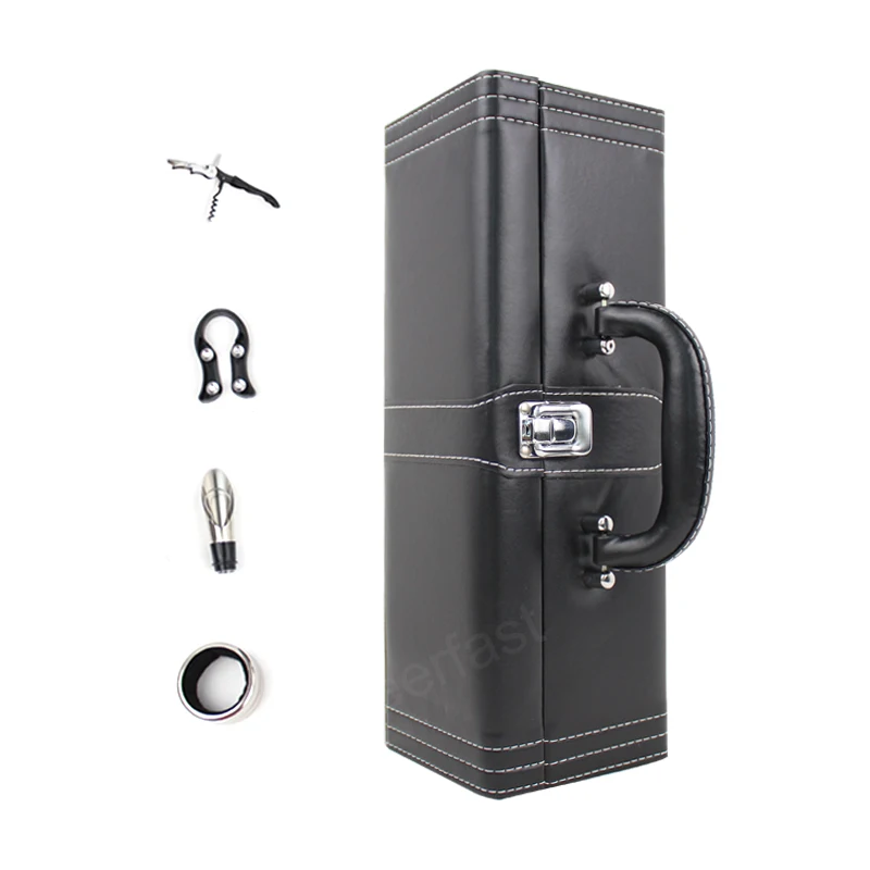 Father Day Gift 4pcs Tools Inside Wine Single Bottle Box PU Leather Premium Wine Carrier Case