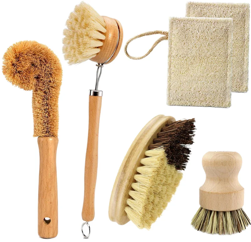 Factory Wholesale Eco-Friendly Bamboo Palm Scrub Brush Set Modern Design for Kitchen Sink Cleaning Dishes Pots Pans-Pack of 2