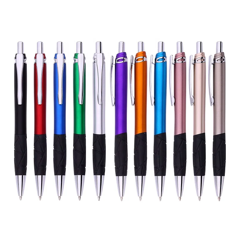 Promotional Metallic Colored Painted Barrel And Metal Clip With Black Rubber Grip Plastic Pens Luxury