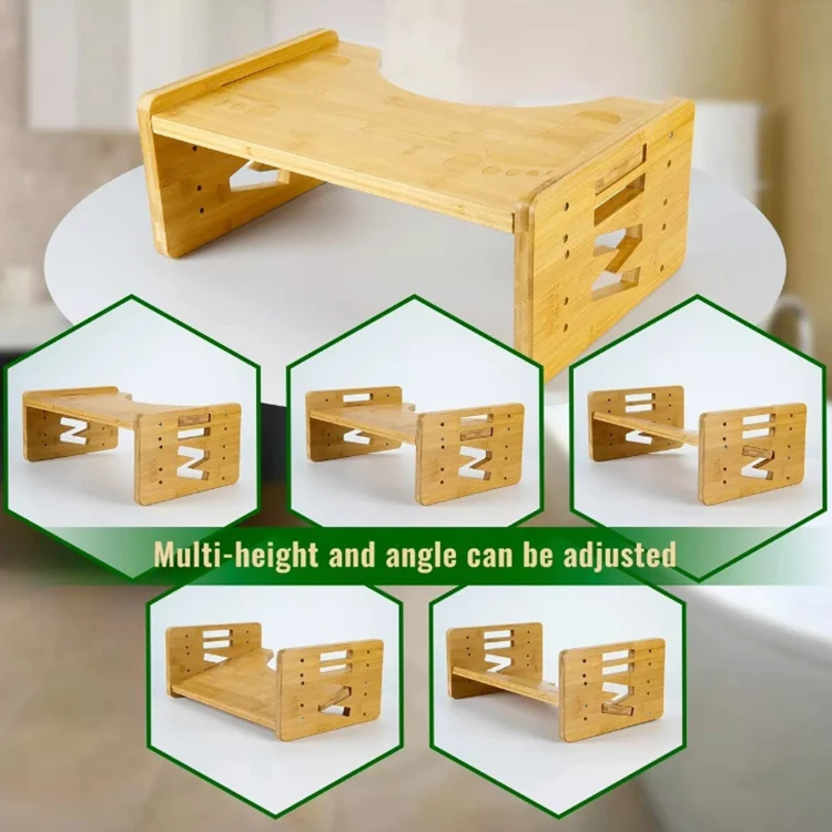Bathroom Toilet Poop Stool Multi-Height Adjustable Bamboo Potty Stool Non-Slip Mat Squat Stool