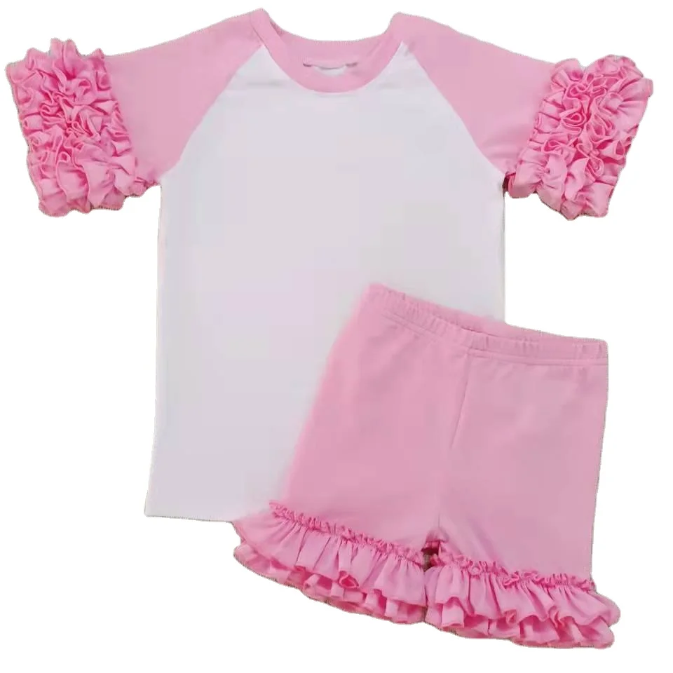 Wholesale summer stylish kids 2pcs clothing set T shirt and Ruffle shorts High quality  baby girl boy clothes outfit set