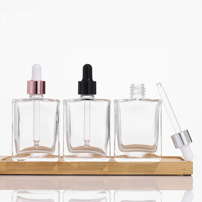 Luxury Flat Square Rectangle Glass Dropper Bottles 15ml 30ml 50ml 100ml with Crystal Clear Collar for Serum Essential Oil