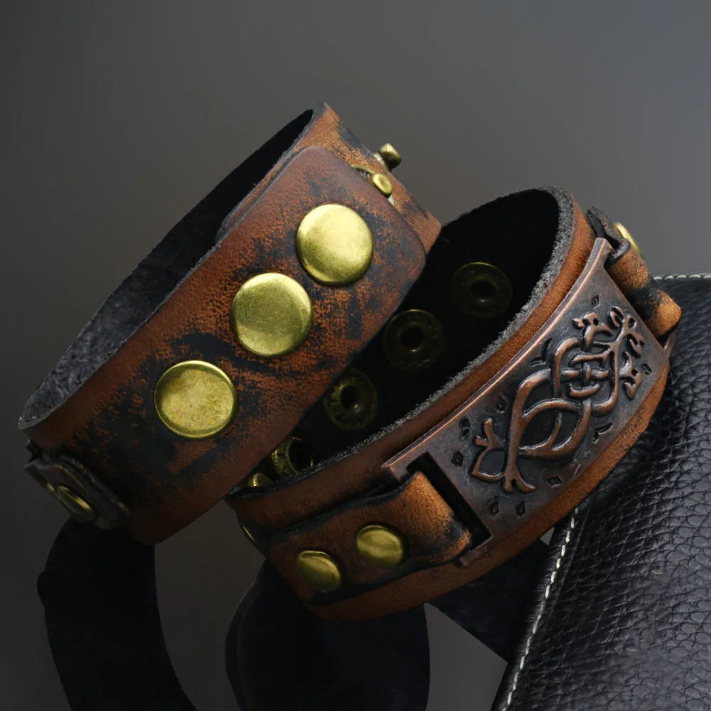 Retro Punk Genuine Leather Wide Belt Bangle Bracelet Rock Wristband Cuff Vintage Totem Metal Viking Leather Bracelet