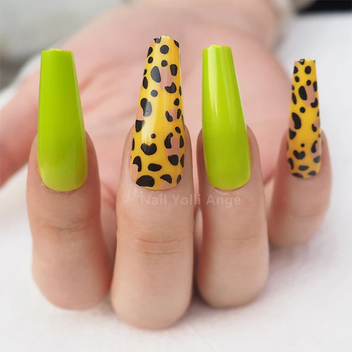 Neon Green Leopard Long Coffin Press On Nails 24 Pc Nail Set - Ready To Ship - Gift For Her