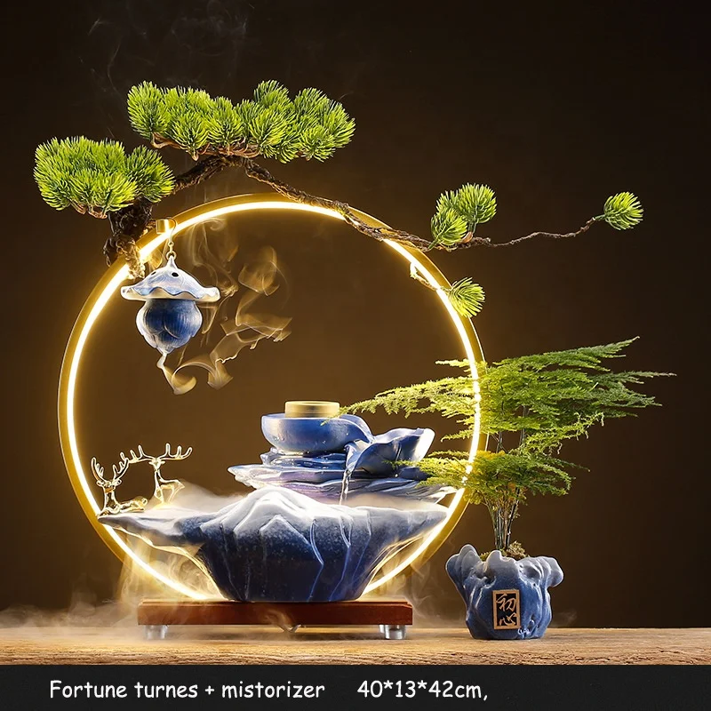 High Quality Home Decor Mini Fengshui Tabletop Water Fountain Smoke Ceramics Waterfall Water Fountain With Light Incense Burner