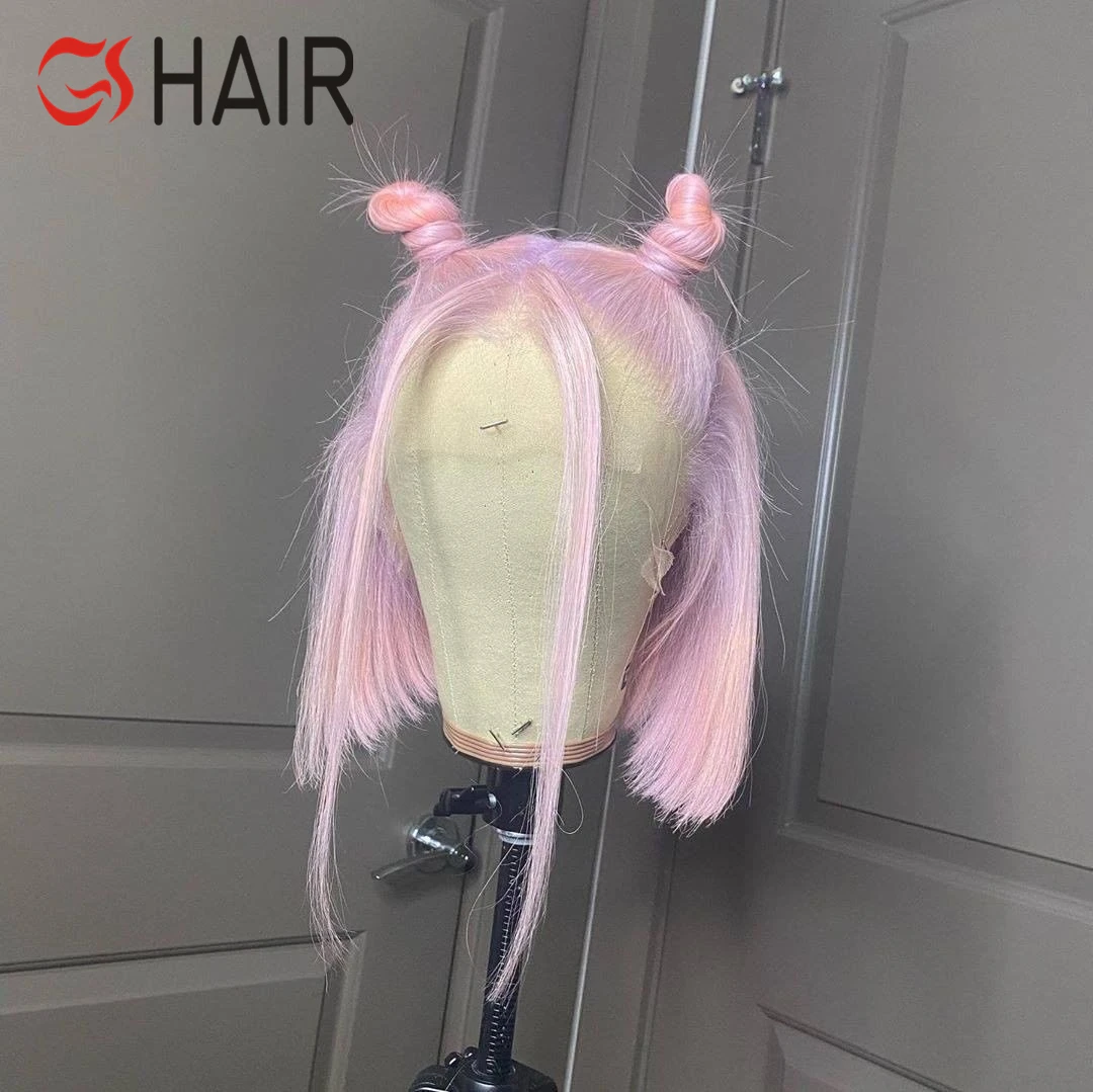 
GS Cheap Human Hair Colorful 8-14 Inch Bob Wigs For women, Straight Pink Swiss Lace Front Human Hair Bob Wig For Black Women 