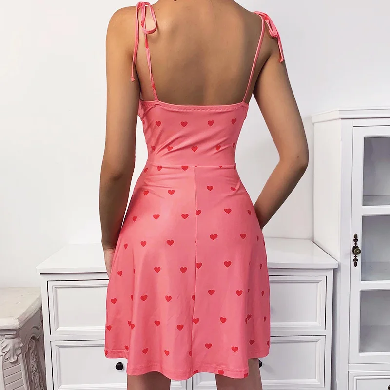 Instagram style sweet pink heart print halter dress 2022 summer sexy holiday lace skirt