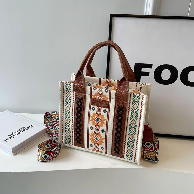 Trendy Vintage Canvas Tote Bag for Women Western Shoulder Purses Boho Aztec Satchel Handbags crossbody