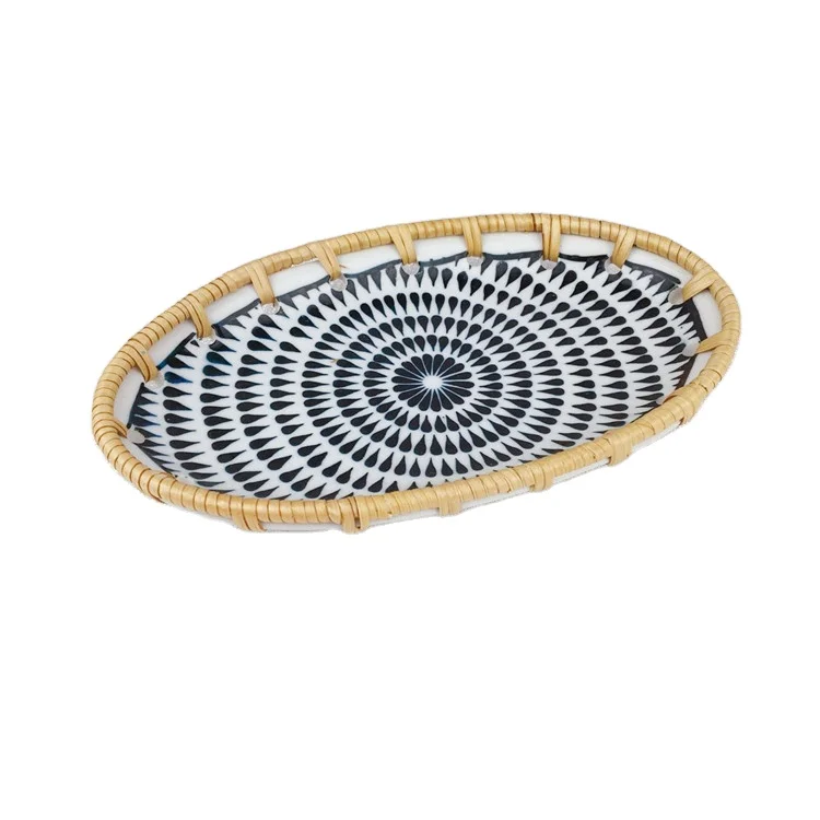 Hand Braided Rattan Decorative Oval Fish Dish Dinner Plate Ceramic Plate