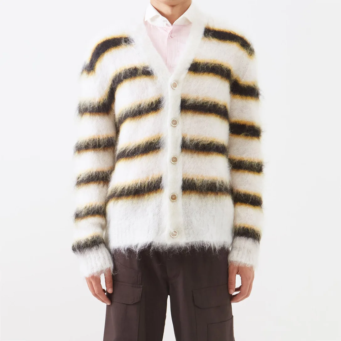 Custom mohair cardigan stripe fuzzy men designer sweater clothing custom knit sweater mens cardigan