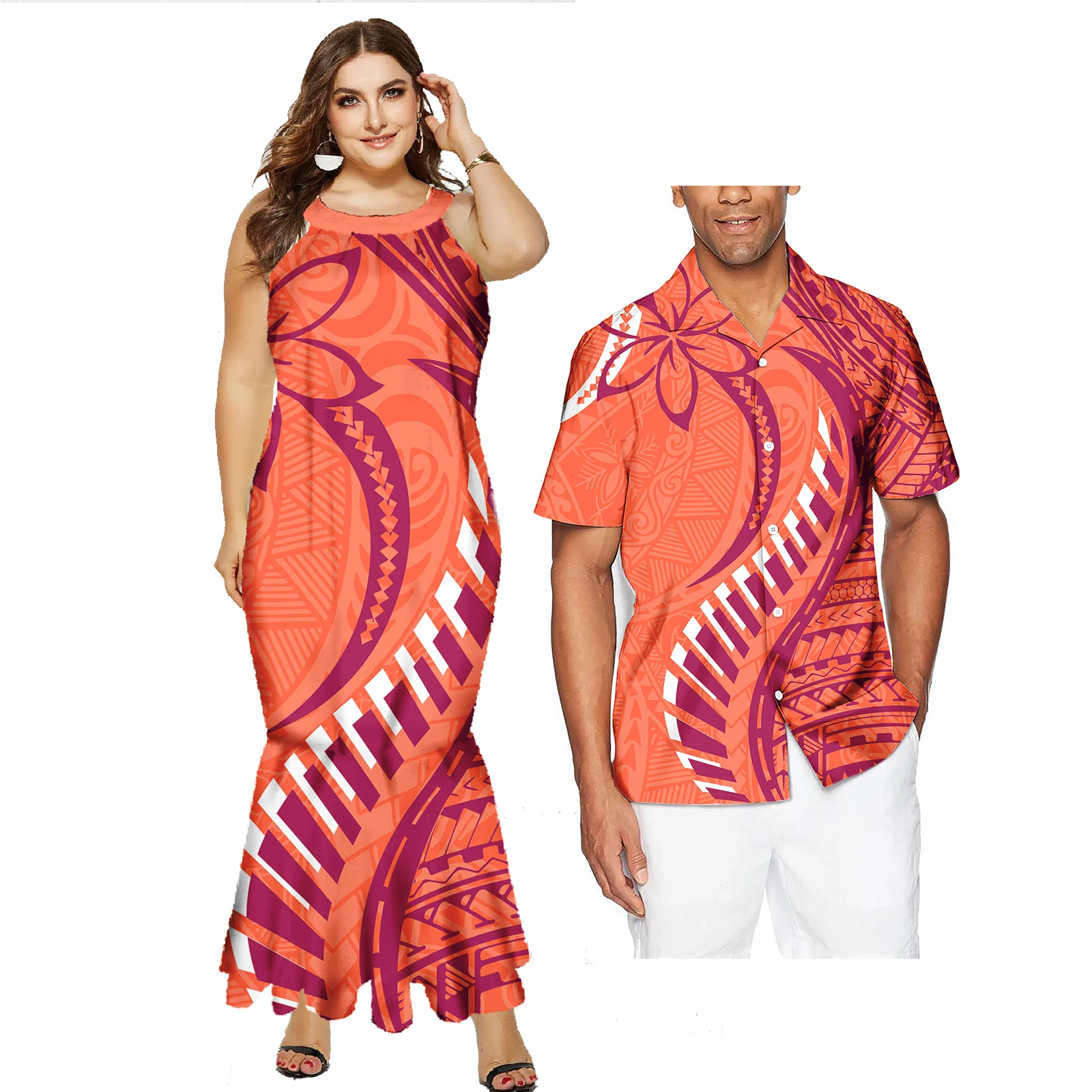 2024 Polynesian Style Couples Matching Outfits Dress Shirts Tribal Print Women Beach Party Maxi Dress And Men Sets