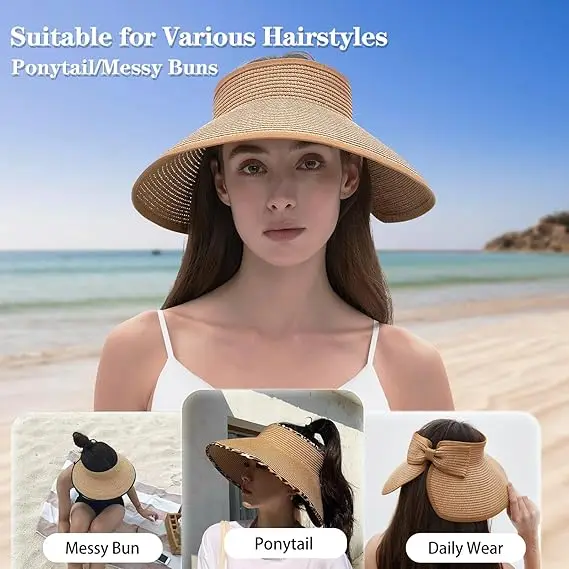 Wide Brim Roll-up Portable Straw Sun Hat Foldable Empty Top Sun Beach Straw Visor Hats for Women