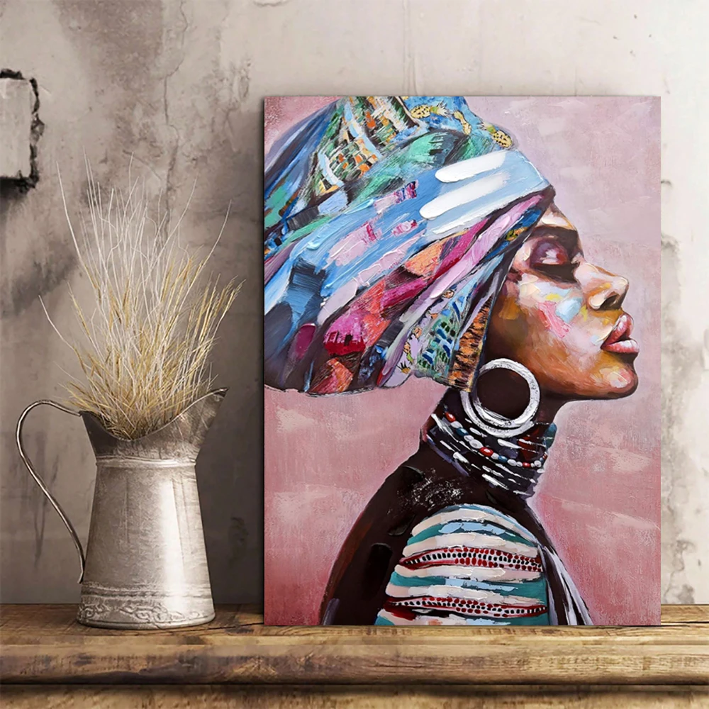 Large canvas african american black girl oil painting colorful modern woman painting