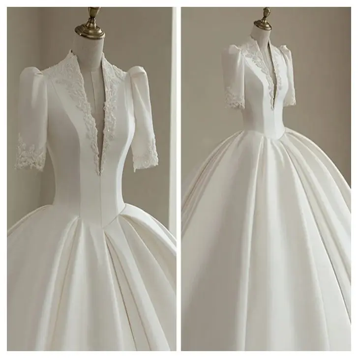 French Tulle Lace Fabric for Wedding Dress 2024 New Bride with Train Wedding Dresses Short Sleeve V-neck Satin Wedding Dresses