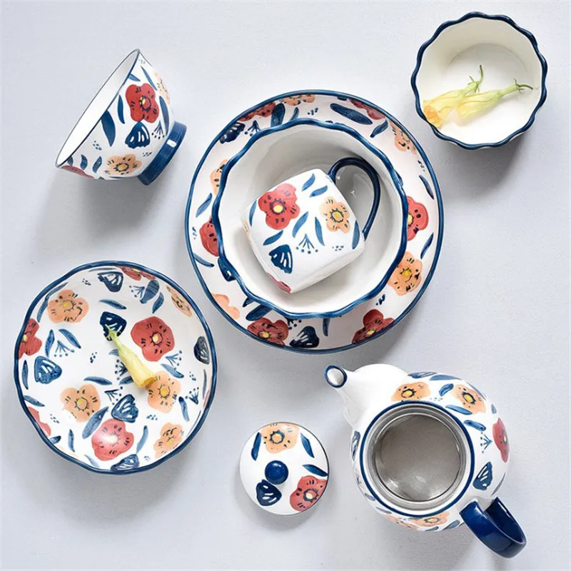AB Grade Durable Ceramic Cup Plate Sets Hand Printing Wholesale Dinnerware Sets Tableware