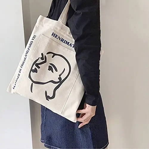 Best Selling Portrait Line Pattern Reusable Shopping Grocery Bag Work Lunch Travel Shoulder 12oz Cotton Canvas Bag With Zipper