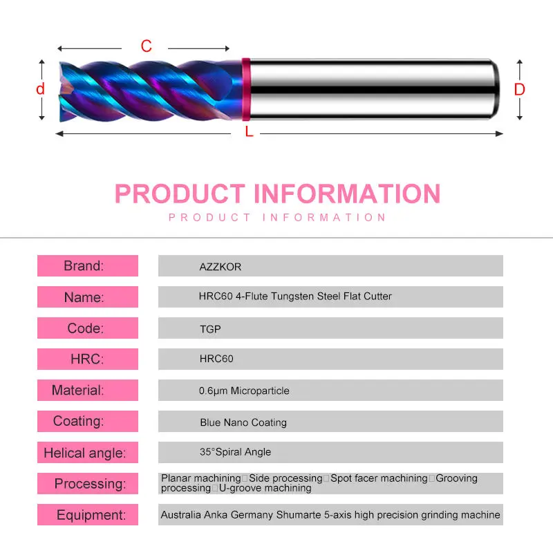 Endmills Color-Ring Blue Nano Coating Steel Carbide Flat bottom Milling Cutter For CNC Mechanical