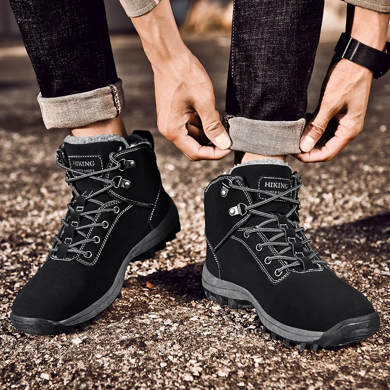 Winter Anti-Slip Leather Warm Snow Hiking Boots Water Resistant Shoes Fur Lined for Mens
