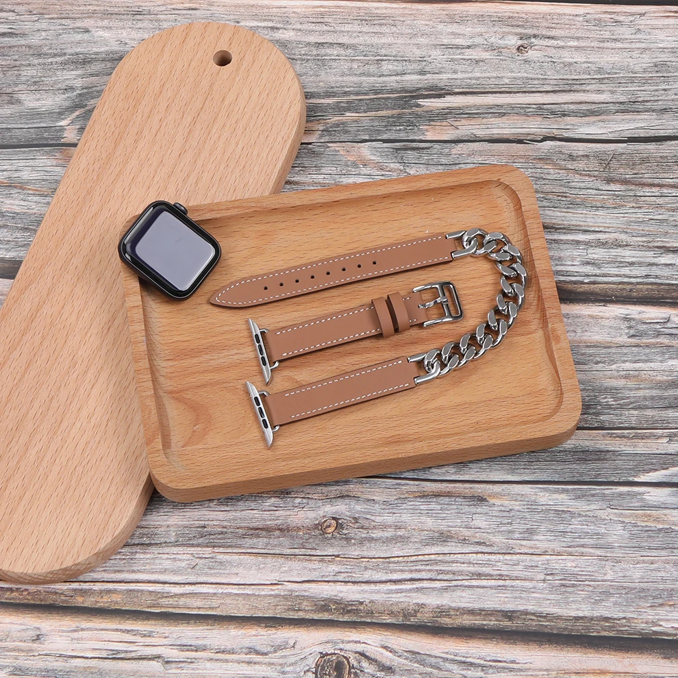 New Design Cowboy Chain Stainless Steel Genuine Leather Double Tour Band for Hermes Apple Watch Strap Adjustable