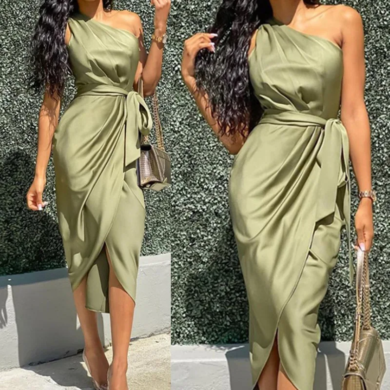 
Hot Selling Summer Fashion Women Clothing Sexy Off Shoulder Ruffle Satin Silk Dress 