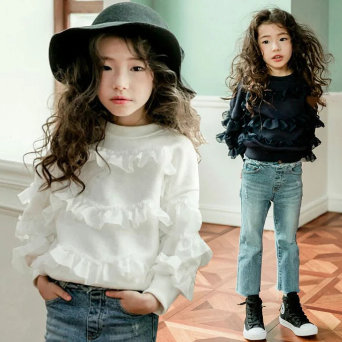 
KS0570 Fashion korean style girls black and white color sweatshirt tulle selvedge stitching t shirts 