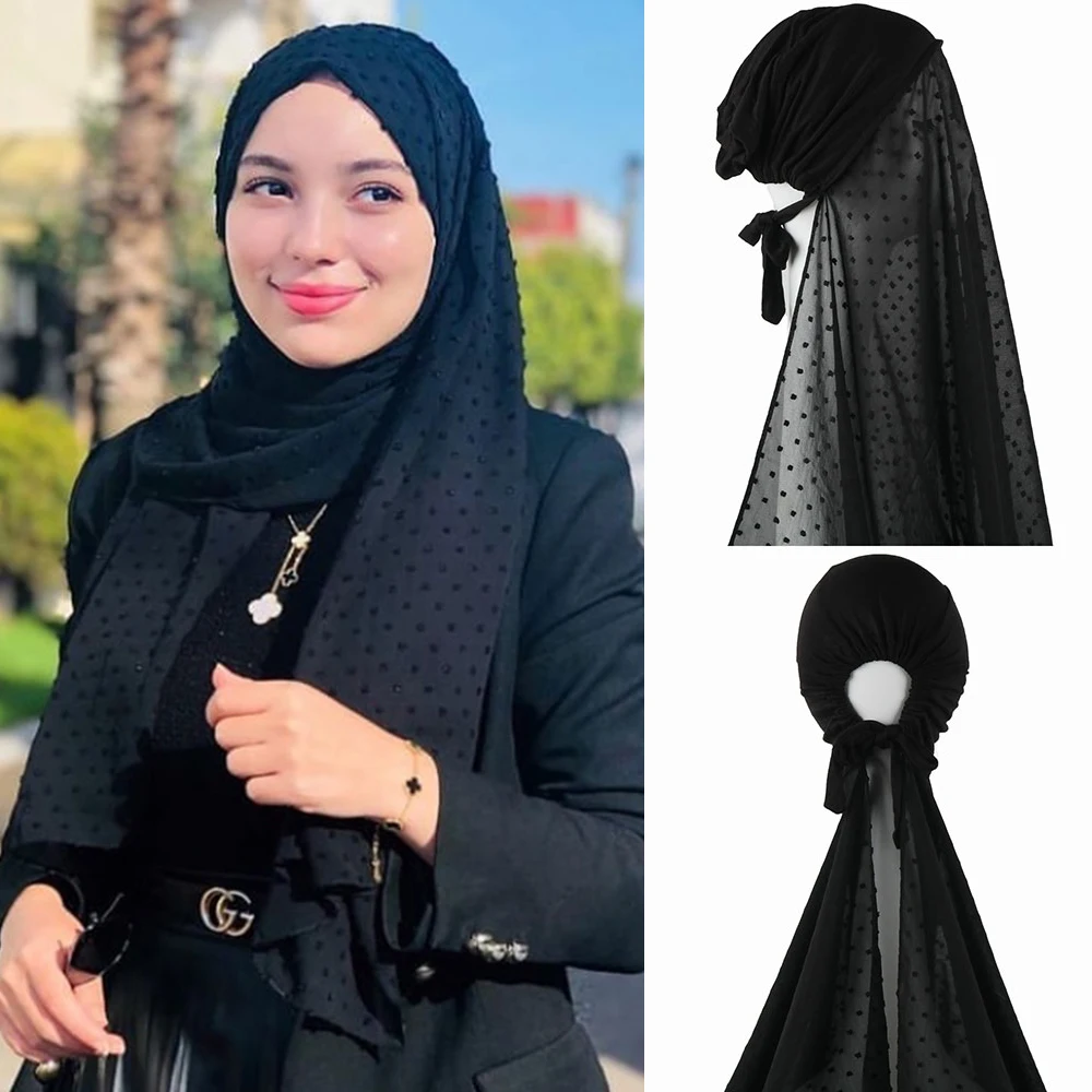 Muslim Women Pom Pom Chiffon Instant Hijab Scarf With Cap Pinless HIjabs Scarves Shawl with Under Caps Bonnet Headscarf