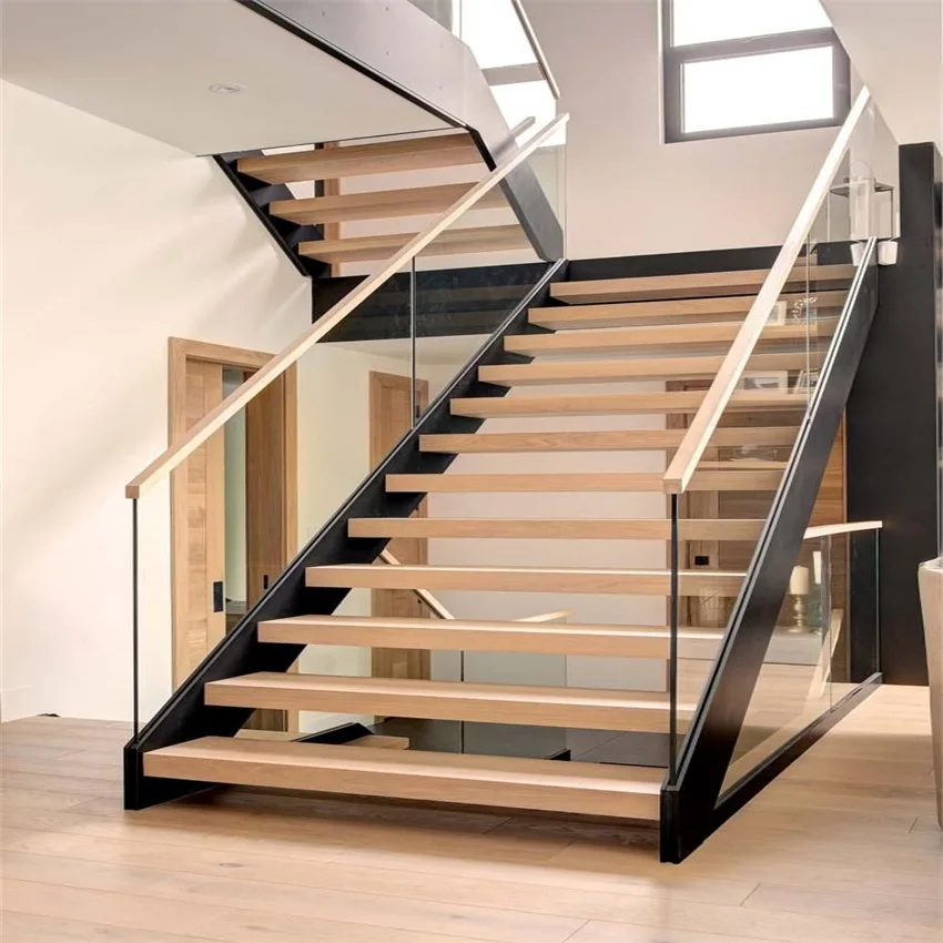 Luxury wood stairs with high end rubber wood stair design interior wood glass railing stairs