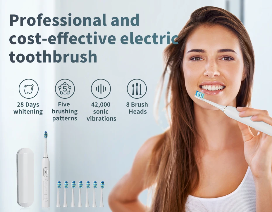 Custom USB Rechargeable Travel Electric Toothbrush IPX7 Automatic Sonic Toothbrush with 8 Medium Bristle Head for Adults