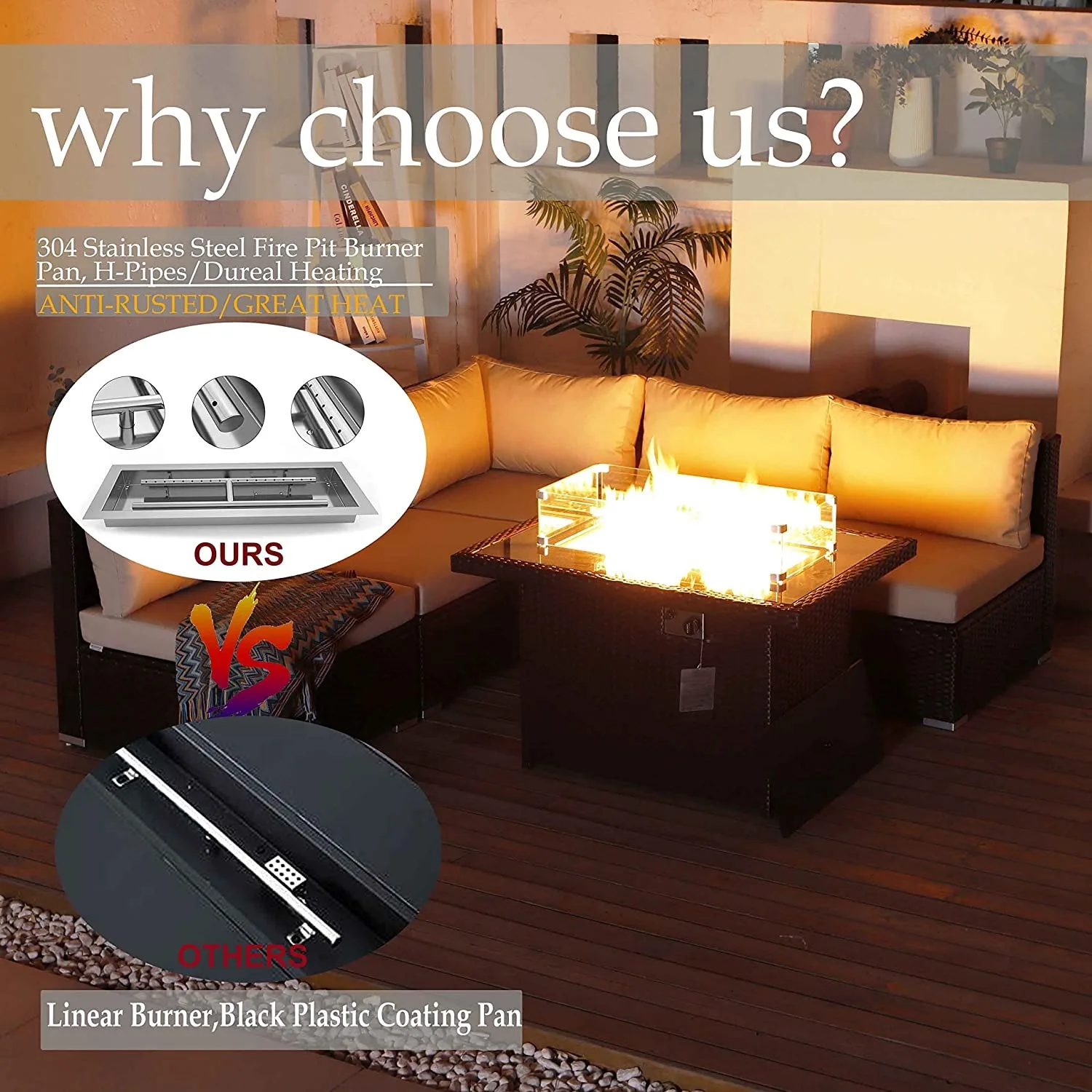 Brick textured tiles safety garden outdoor gas propane butane fire pit table with glass rock