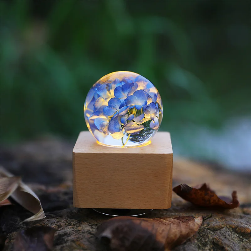 Real Flower Resin Ball Wood Base Led Night Light Lamp Home Decors accessories ornaments Craft Music Box For indoor decoration
